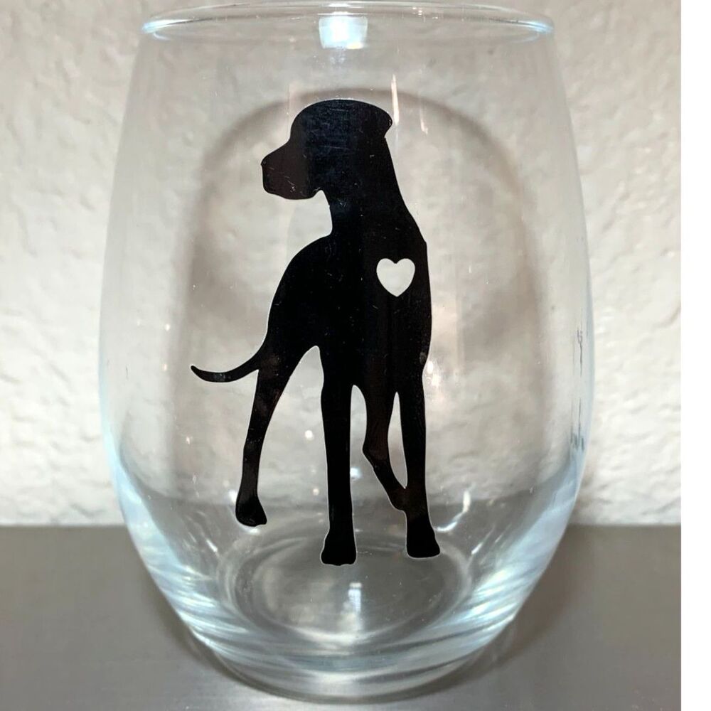 Great Dane Stemless Wine Glass Black Dog Silhouette Heart Dog Lover Gift